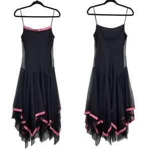 Vintage 90s Midi Dress M Black Mesh Overlay Pink Ribbon Trim Scarf Hem Goth
